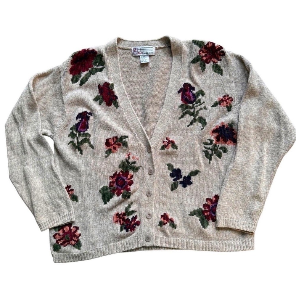 VTG Floral Embroidered Sweater Cottagecore grannycore spring fashion layering Lg - Picture 3 of 10
